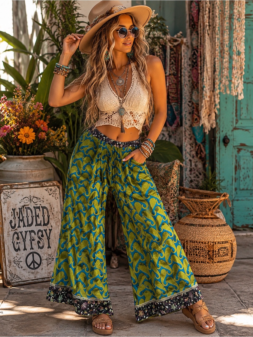 Jaded Gypsy L/XL Boho Wide-Leg Printed Palazzo Pants in Lime Green